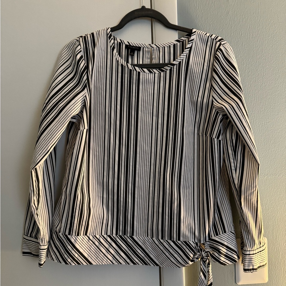 Talbots LS Black & White Stripe Blouse-  Sz M with Side Tie & Key Hole Back.